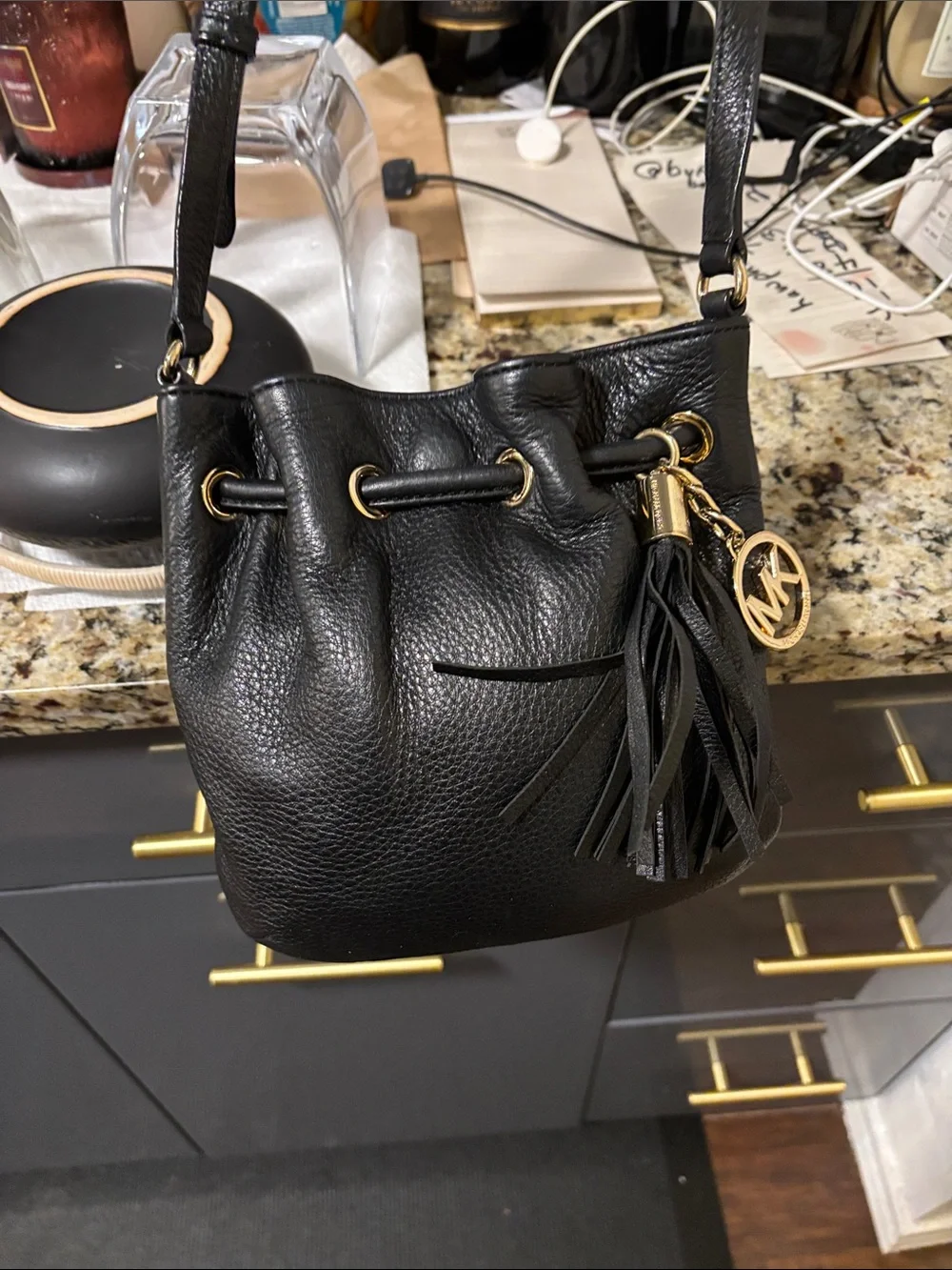 Michael Kors Black Pebbled Leather Messenger Bag with Gold Hardware/#035(6-20-26